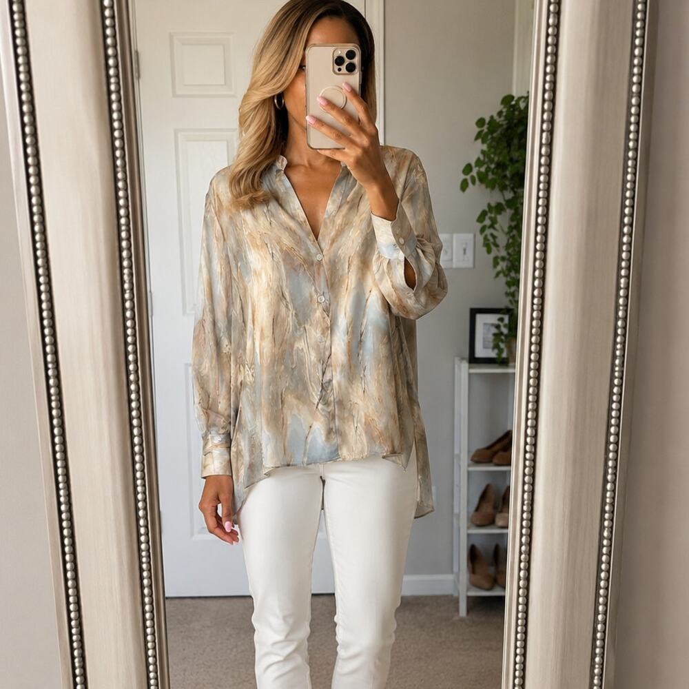 Zara🌿New Marble Print Blouse Womens Medium 100% Viscose Neutral Oversized Top